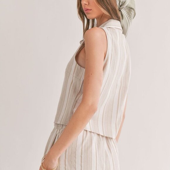 Women's Linen Blend Collared Tank Top | Ivory Taupe - Picture 4 of 5